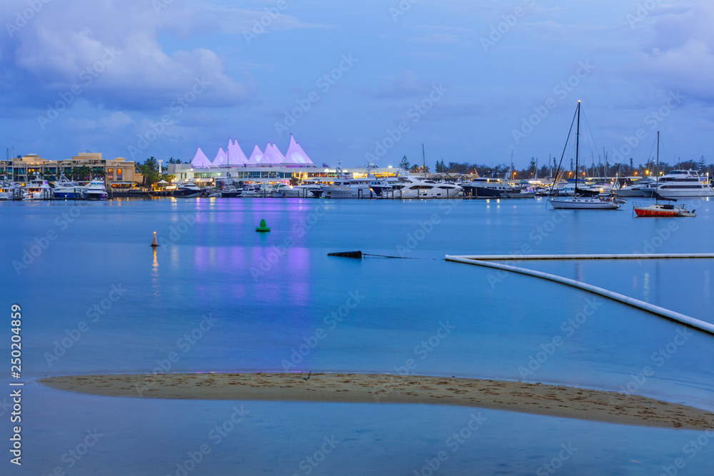 Moored yachts and marina at dusk. Gold Coast, QLD, Australia