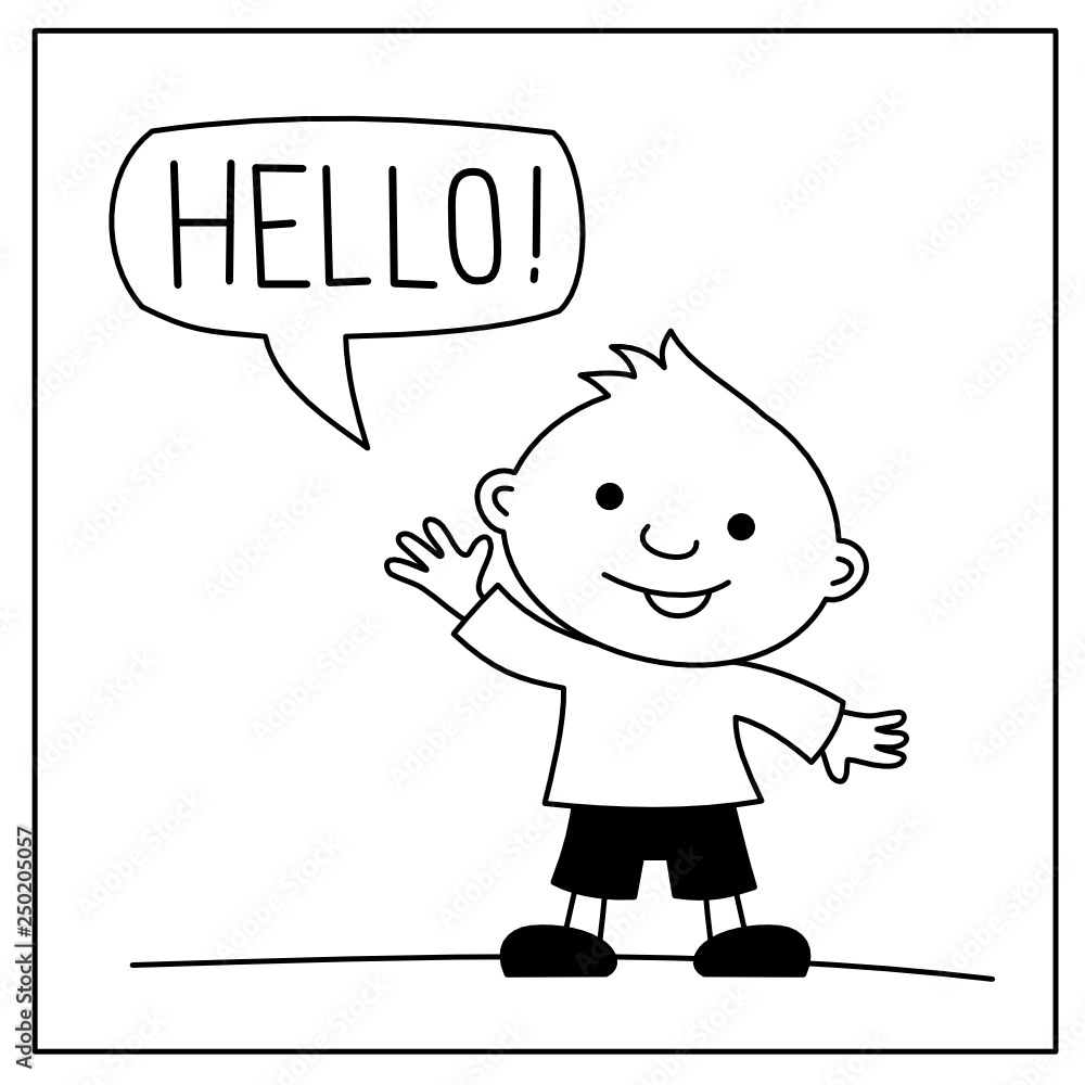 Cheerful little boy in cartoon style waving his hand and saying Hello Stock  Vector | Adobe Stock