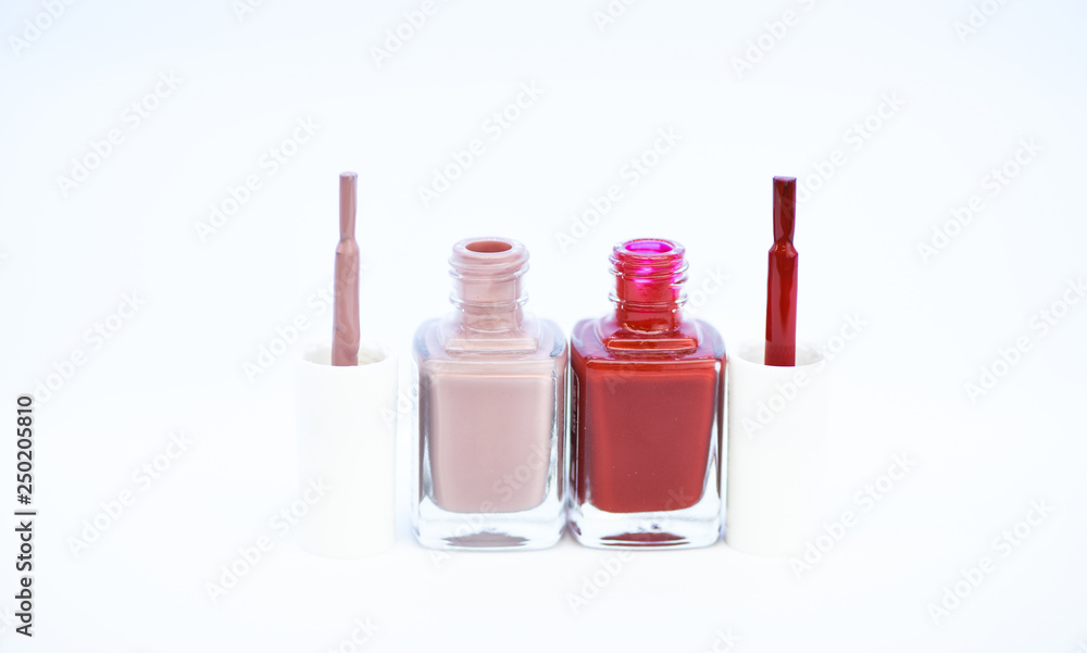 Gel polish modern technology. How to combine colors. Manicure salon.  Fashion trend. Nail polish bottles. Beauty and care concept. Durability and  quality polish coating. Nail polish white background Stock Photo | Adobe