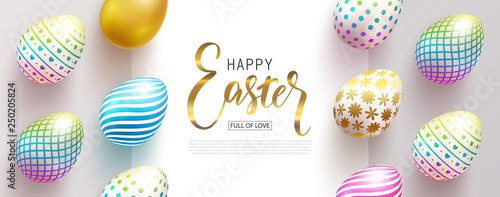 Happy Easter banner.Full of love. Beautiful Background with colorful eggs. Vector illustration for website , posters,ads, coupons, promotional material