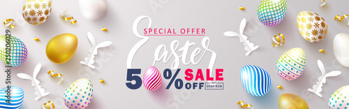 Happy Easter Sale banner.Beautiful Background with colorful eggs, paper bunnies and golden serpentine. Vector illustration for website , posters,ads, coupons, promotional material