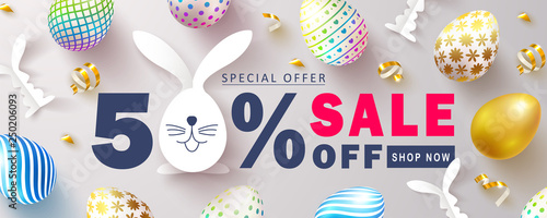 Happy Easter Sale banner.Beautiful Background with colorful eggs, paper bunnies and golden serpentine. Vector illustration for website , posters,ads, coupons, promotional material