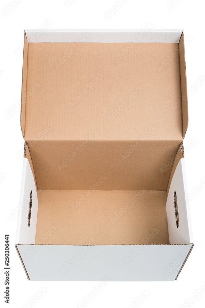 Open white archive cardboard box isolated on white background. Open white file box for bookkeeping
