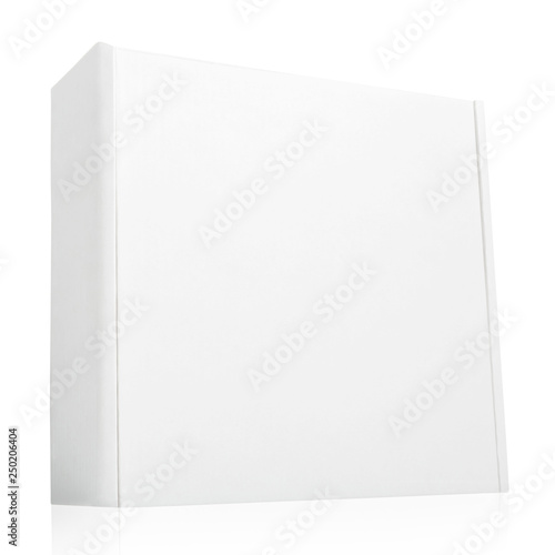 White cardboard box isolated on white background. White box mockup for identity or branding design