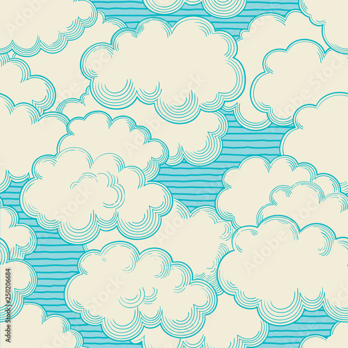 Cloudy turquoise sky. Vector seamless patterns  of  sky with clouds at retro style