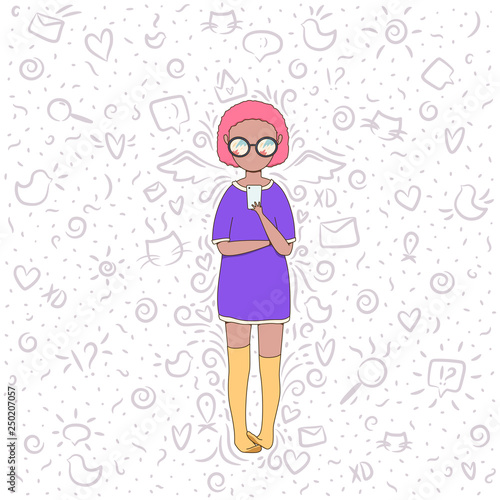 Vector illustration of the girl chatting on the phone with fillers on the white background