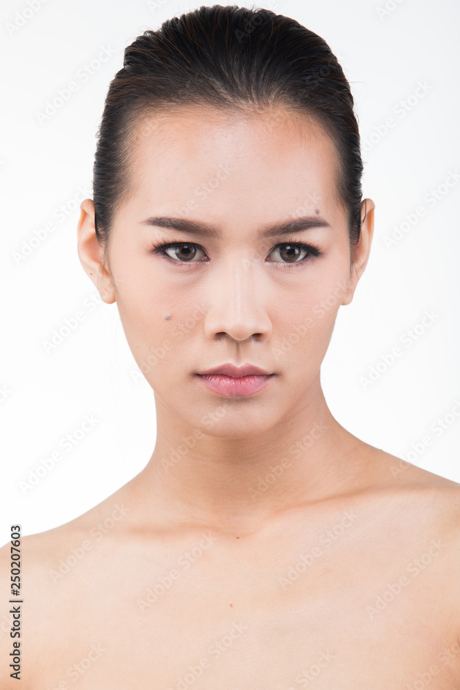 Asian Woman after applying make up hair style. no retouch, fresh face with acne, lips, eyes, cheek, nice smooth skin. Studio lighting white background, for aesthetics therapy treatment Asian Woman after applying make up hair style. no retouch, fresh face with acne, lips, eyes, cheek, nice smooth skin. Studio lighting white background, for aesthetics therapy treatment