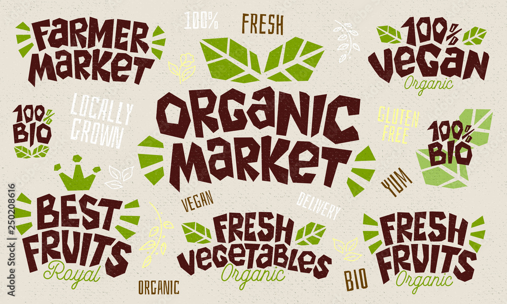 Sketch style food product lettering icons set. For badges, labels, logo, farm, farmers market, fresh food, country fair, shop, vegan, vegetarian, cafe, organic, bio, green, food studio. Hand drawn