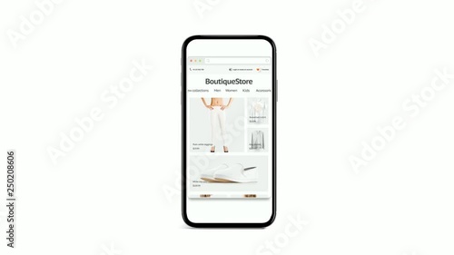 Blank browser fashion site on laptop and phone adaptivity mockup, looped switch, 3d rendering. Empty webstore page on smartphone or computer responsive web design mock up. Clear boutique resolution.