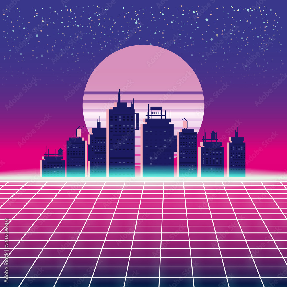 Synthwave Retro Futuristic Landscape With City, Sun, Stars And Styled Laser Grid. Neon Retrowave Design And Elements Sci-fi 80s 90s Space. Vector Illustration Template Isolated Background