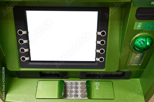 Street ATM teller machine with current operation. Blank screen for mockup