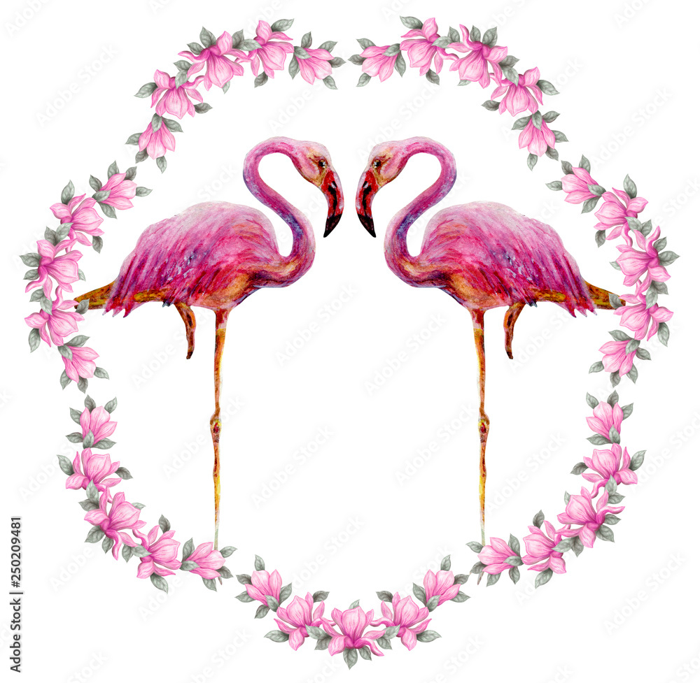 Obraz premium Two pink flamingos stands in floral frame of magnolia flowers isolated on white background. Hand drawn painting watercolor paints.