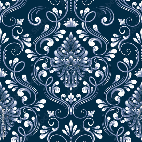 Vector blue damask seamless pattern element. Classical luxury old fashioned damask ornament, royal victorian seamless texture for wallpapers, textile, wrapping. Exquisite floral baroque template.