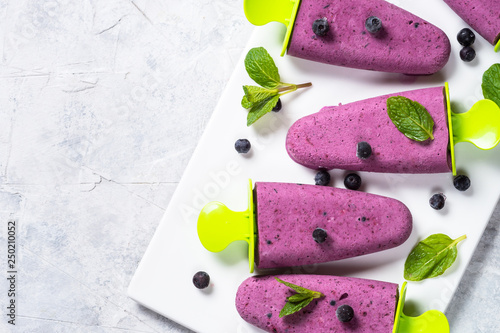 Blueberry ice cream popsicles hamemade top view. photo