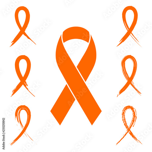 Orange ribbon set in flat lay. Ink, chalk, paintbrush and hand drawn orange ribbon symbols isolated on white.