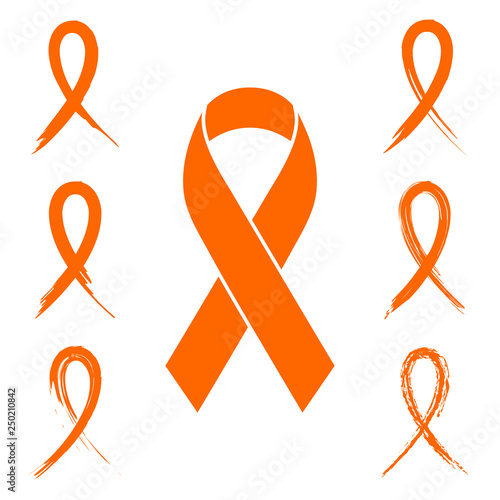 Orange ribbon set in flat lay. Ink, chalk, paintbrush and hand drawn orange ribbon symbols isolated on white.