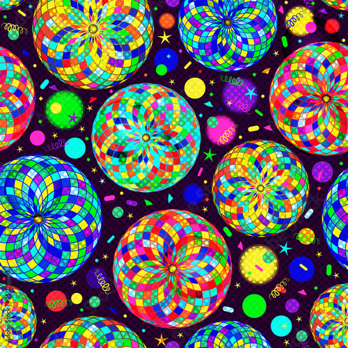 Bright seamless christmas pattern with mosaic balls and confetti
