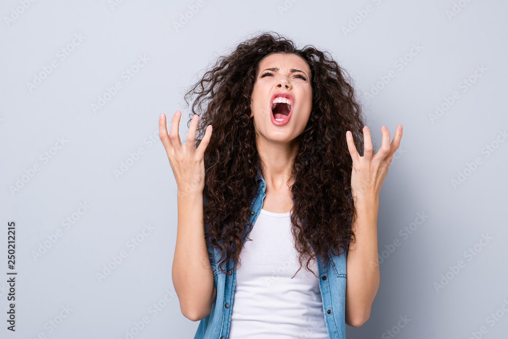 Close up photo yelling amazing attractive her she lady not satisfied hands arms in air look up asking why me epic fail wearing casual jeans denim shirt clothes outfit isolated grey background Close up photo yelling amazing attractive her she lady not satisfied hands arms in air look up asking why me epic fail wearing casual jeans denim shirt clothes outfit isolated grey background