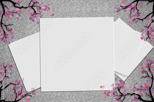 Relief board with photo and place for inscription. Cherry blossoms twigs. Spring frame. Inspiration board. Mockup with blooming trees