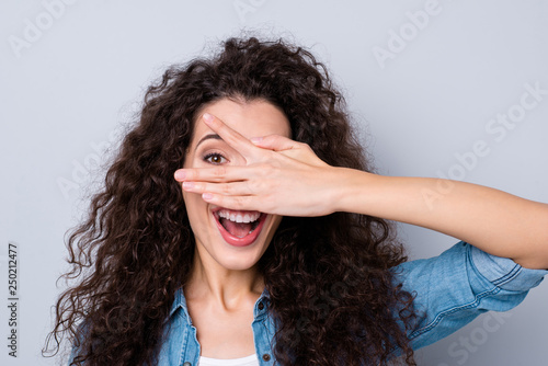 Close up photo amazing beautiful her she lady arm hide half facial expression pretend not see but cheat got look glance wearing casual jeans denim shirt clothes outfit isolated grey background