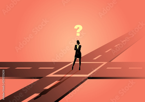 Businesswoman standing at the intersection or crossroads