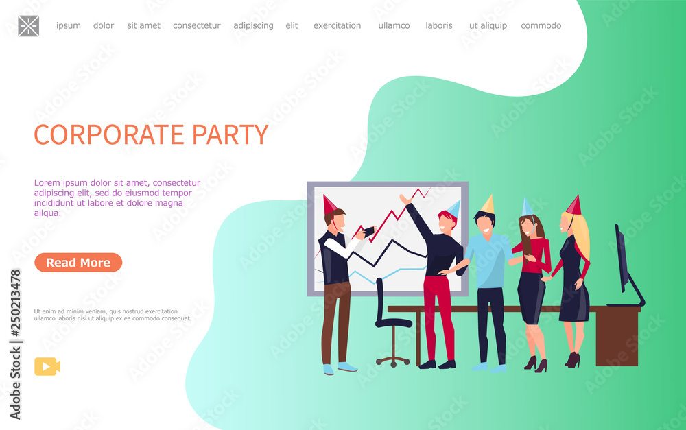Corporate party, vector online poster, workers in office having fun together. Coworkers web page template with business people celebrating holidays together. Website template landing page in flat