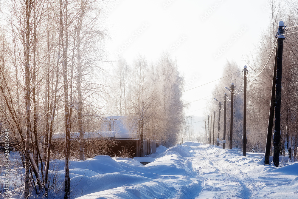 Obraz premium Beautiful winter landscape - rural road on a Sunny day