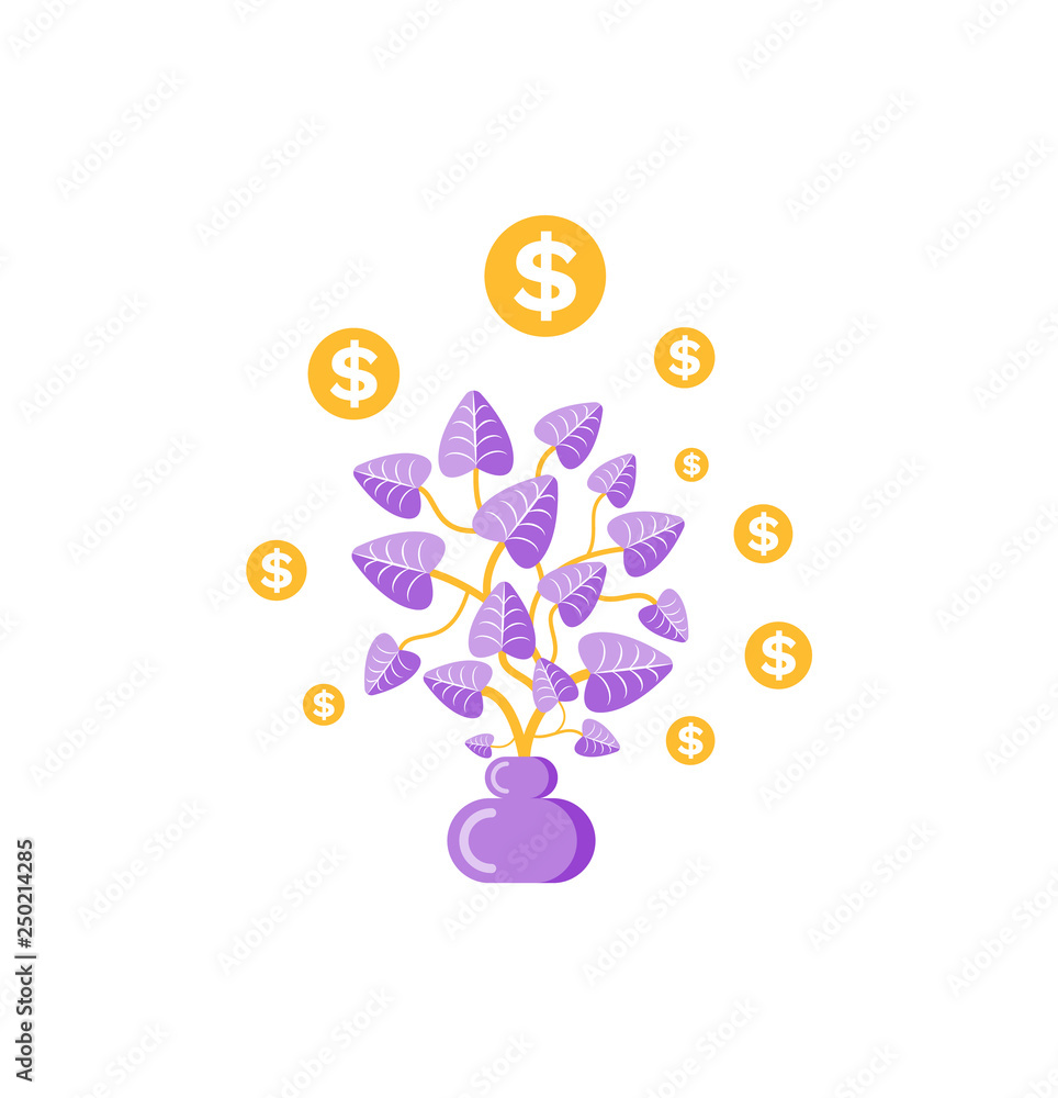 Money plant in pot, golden coins, dollars icon on white, symbol of investment. Growing cash, leaves and sticks, bucks tree element, business vector Money plant in pot, golden coins, dollars icon on white, symbol of investment. Growing cash, leaves and sticks, bucks tree element, business vector