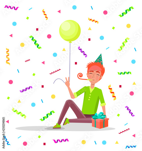 Man sitting on floor with party horn in mouth, in festive hat vector on backdrop of tassels and confetti. Male with balloon and gift box celebrate birthday