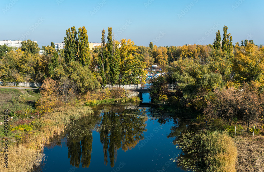 Obraz premium River, blue sky and forest. Picturesque sunny autumn landscape 