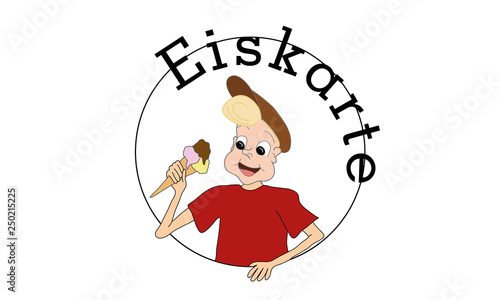 Schild für Eiskarte mit Jungen der Eistüte hält