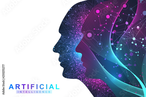 Futuristic Artificial Intelligence and Machine Learning Concept.. Human Big Data Visualization. Wave Flow Communication, Scientific vector illustration.