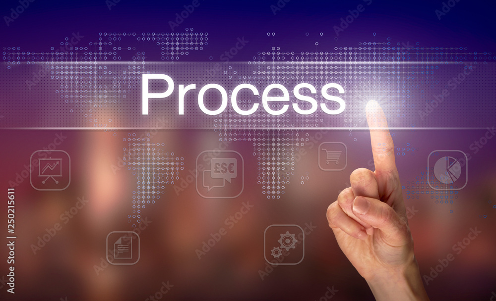 A hand selecting a Process business concept on a clear screen with a colorful blurred background. A hand selecting a Process business concept on a clear screen with a colorful blurred background.
