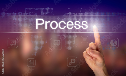 A hand selecting a Process business concept on a clear screen with a colorful blurred background.