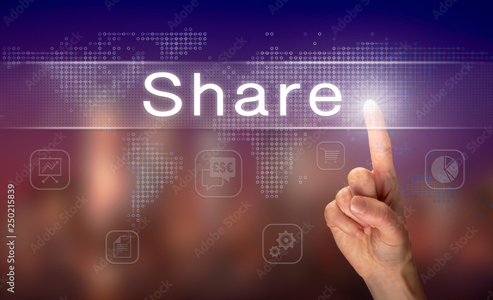 A hand selecting a Share business concept on a clear screen with a colorful blurred background. A hand selecting a Share business concept on a clear screen with a colorful blurred background.