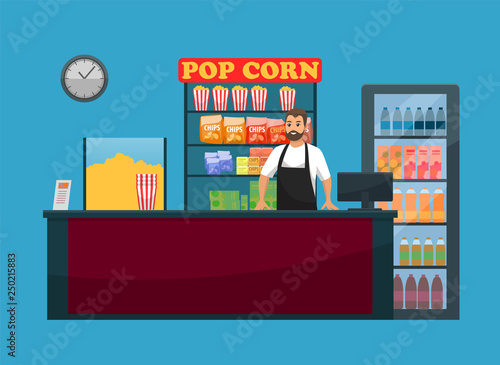Movies snack bar, popcorn and drinks, bartender and counter vector. Chips and juice or soda, striped packs, cinema hall interior element, man in apron