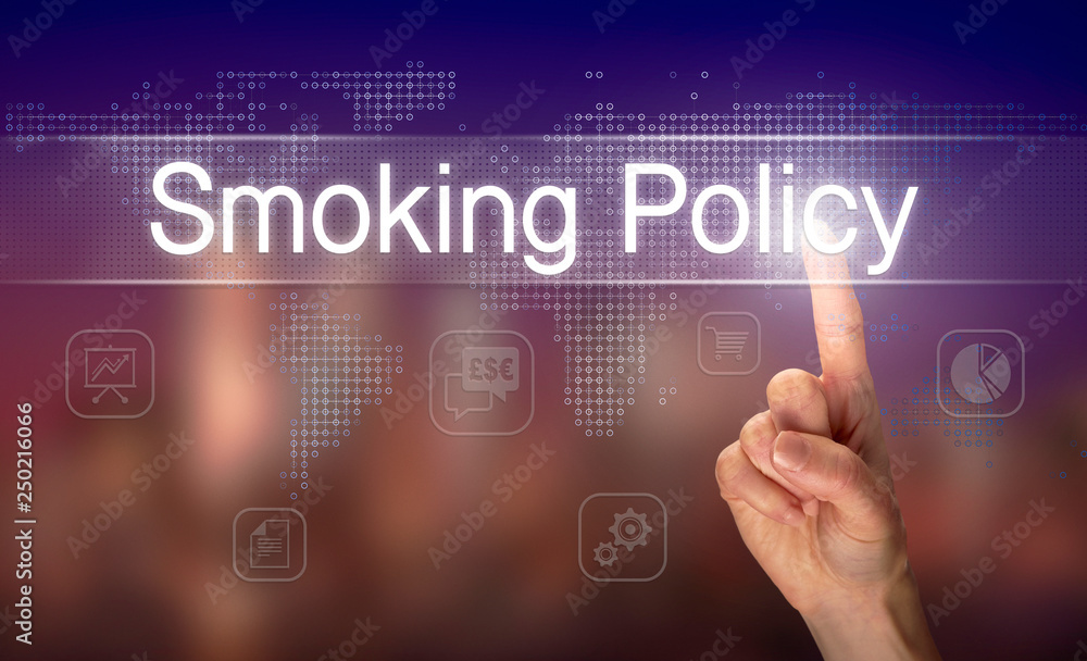 A hand selecting a Smoking Policy business concept on a clear screen with a colorful blurred background. A hand selecting a Smoking Policy business concept on a clear screen with a colorful blurred background.