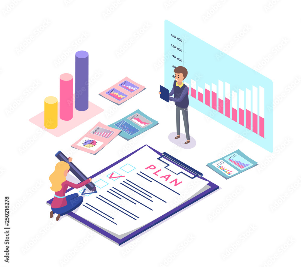 Analytics and statistics of business plan vector. Tasks and fulfillment, info charts and infographics, teamwork and schemes showing results of project Analytics and statistics of business plan vector. Tasks and fulfillment, info charts and infographics, teamwork and schemes showing results of project