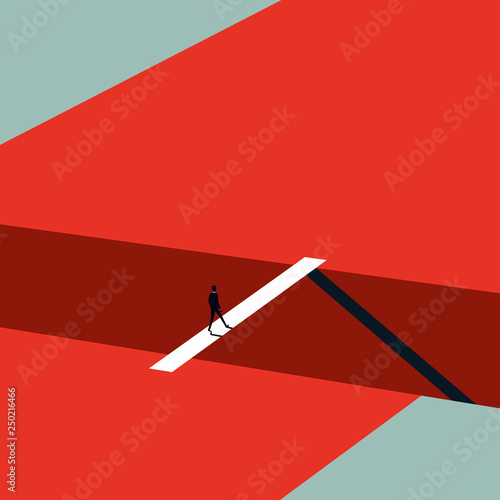 Business challenge vector concept in minimalist art style. Businessman walking over bridge. Symbol of ambition, leadership, finding solution.
