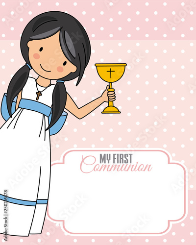 Girl communion card. Child with a chalice. Space for text