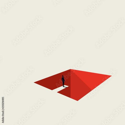 Business and financial crisis vector concept in miminalist art style. Businessman jumping into hole. Symbol of recession, bankruptcy, market crash. photo