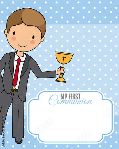 Boy communion card. Child with a chalice. Space for text