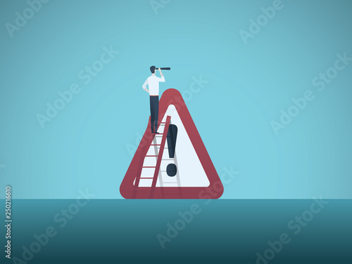 Business risk or danger warning with businessman and big sign. Symbol of recession, bankruptcy.
