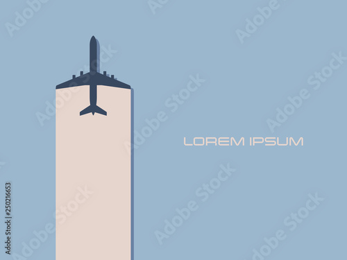 Airplane traveling vector concept with plane flying across frame. Symbol of summer holiday, transportation, vacation, recreation and adventures.