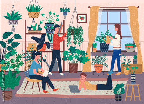 Florists and house full of indoor plants in pots vector. Greenery and vegetation, botany and floristry, watering can and scissors, room, men and women