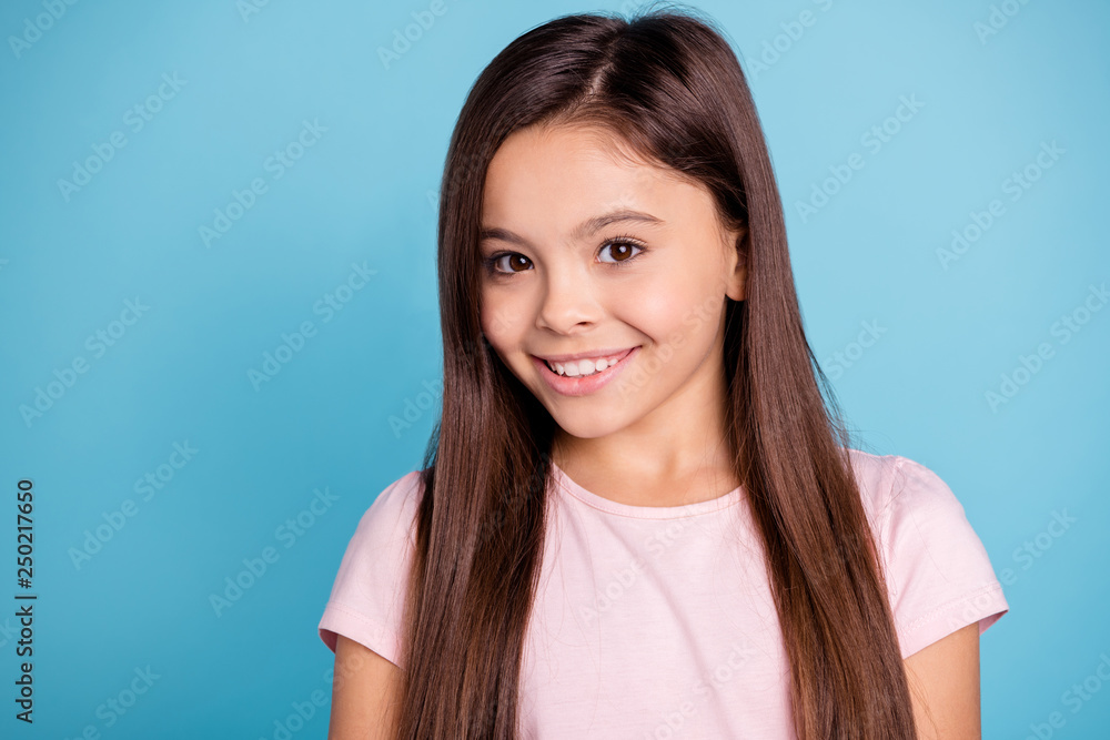 Close-up portrait of her she nice cute lovely sweet adorable well-groomed attractive cheerful cheery straight-haired brunette girl isolated over blue pastel background