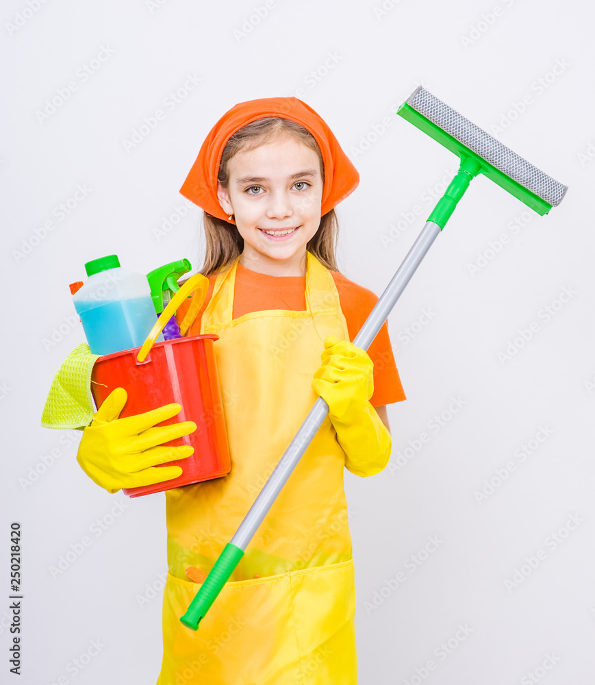 Little girl with mop and cleaning supplies in bucket Little girl with mop and cleaning supplies in bucket