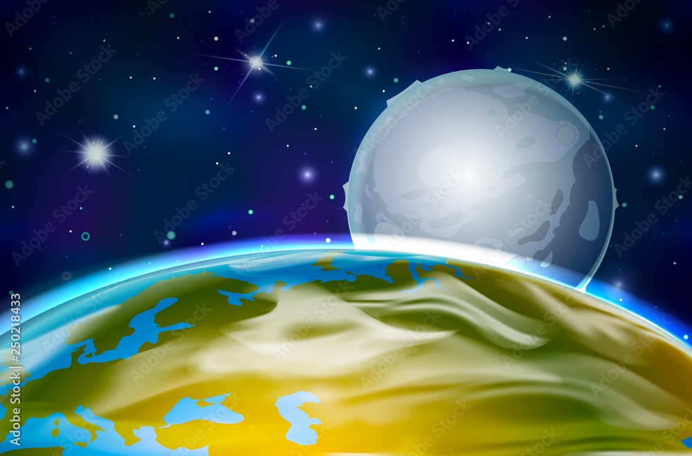 Naklejka premium View on Earth planet and moon from orbit on space background with bright stars and constellations