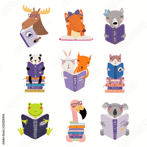 Big set with cute animals reading different books. Isolated objects on white background. Hand drawn vector illustration. Scandinavian style flat design. Concept for children print, learning.