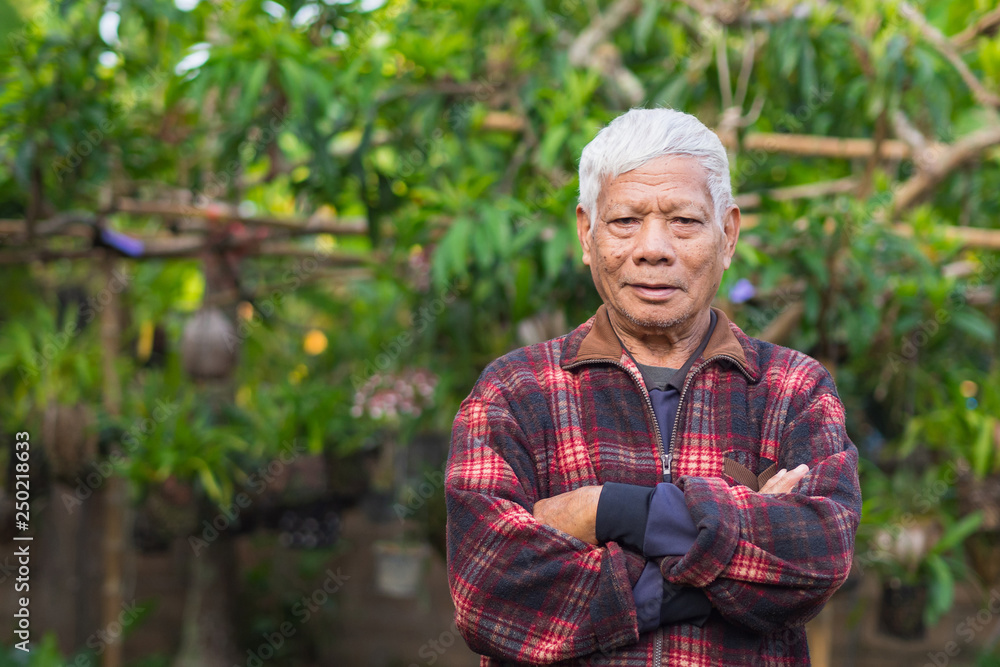 Portrait of elderly man standing in home garden. Portrait of elderly man standing in home garden.